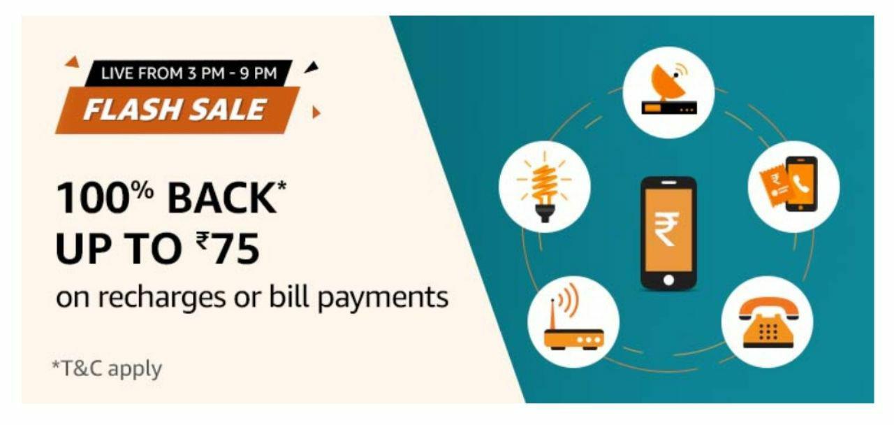 Read more about the article (Today) Amazon Flash Sale Recharge- Get 100% Cashback Upto Rs.75 On Mobile Recharge Or Bill Payments