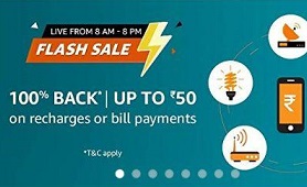 Read more about the article Amazon Flash Sale Loot – Flat 100% Cashback Upto Rs.50 On Mobile Recharge Or Bill Payments